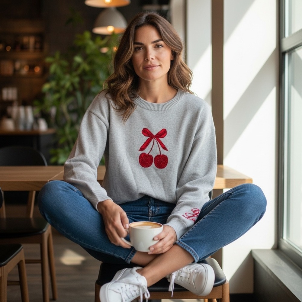 Urban Weekend Gray Cherry Bow Good Luck Embroidered Cropped Sweater Large‎ L